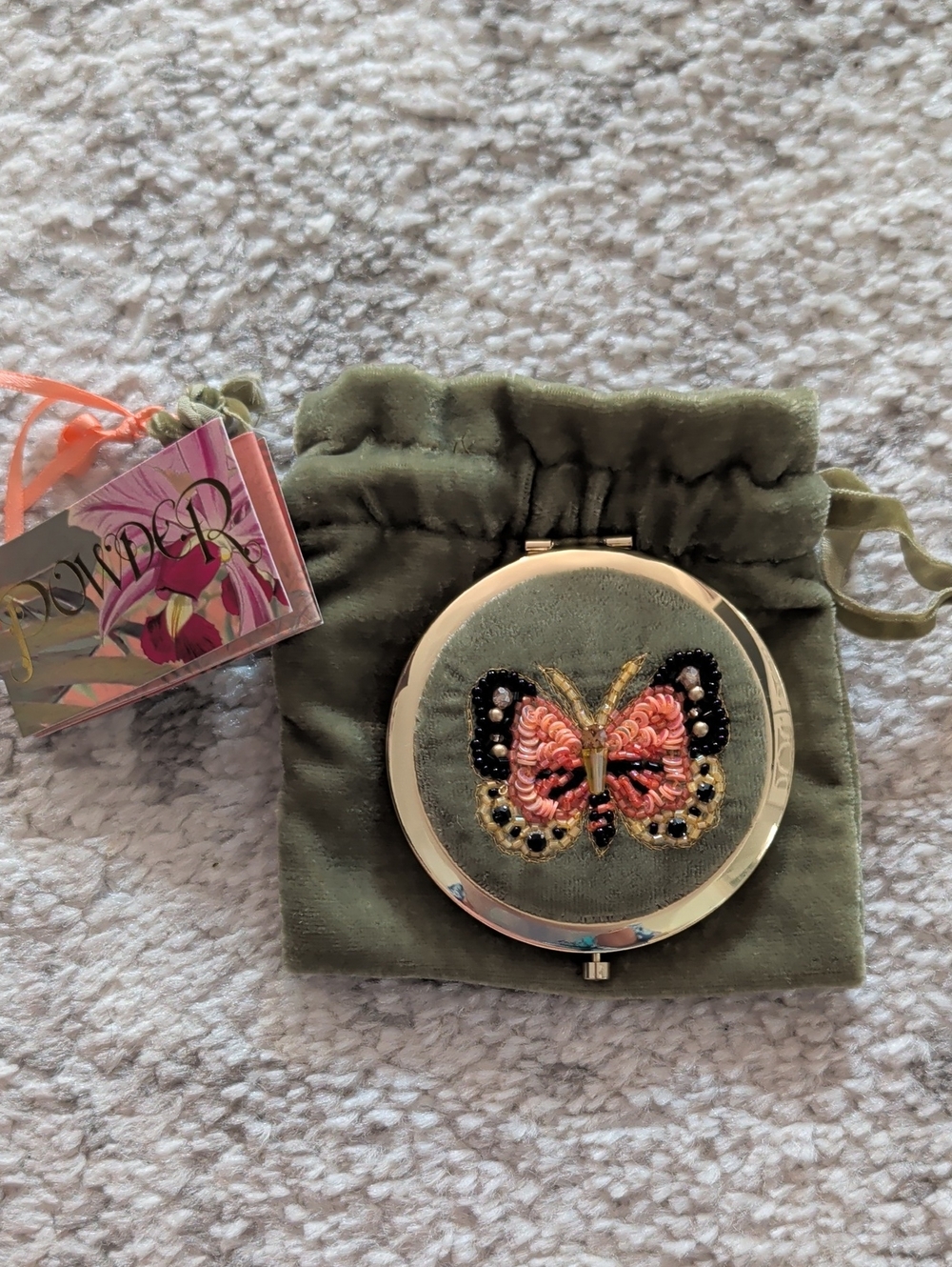 Powder Olive Velvet Compact Mirror with Embroidered Butterfly